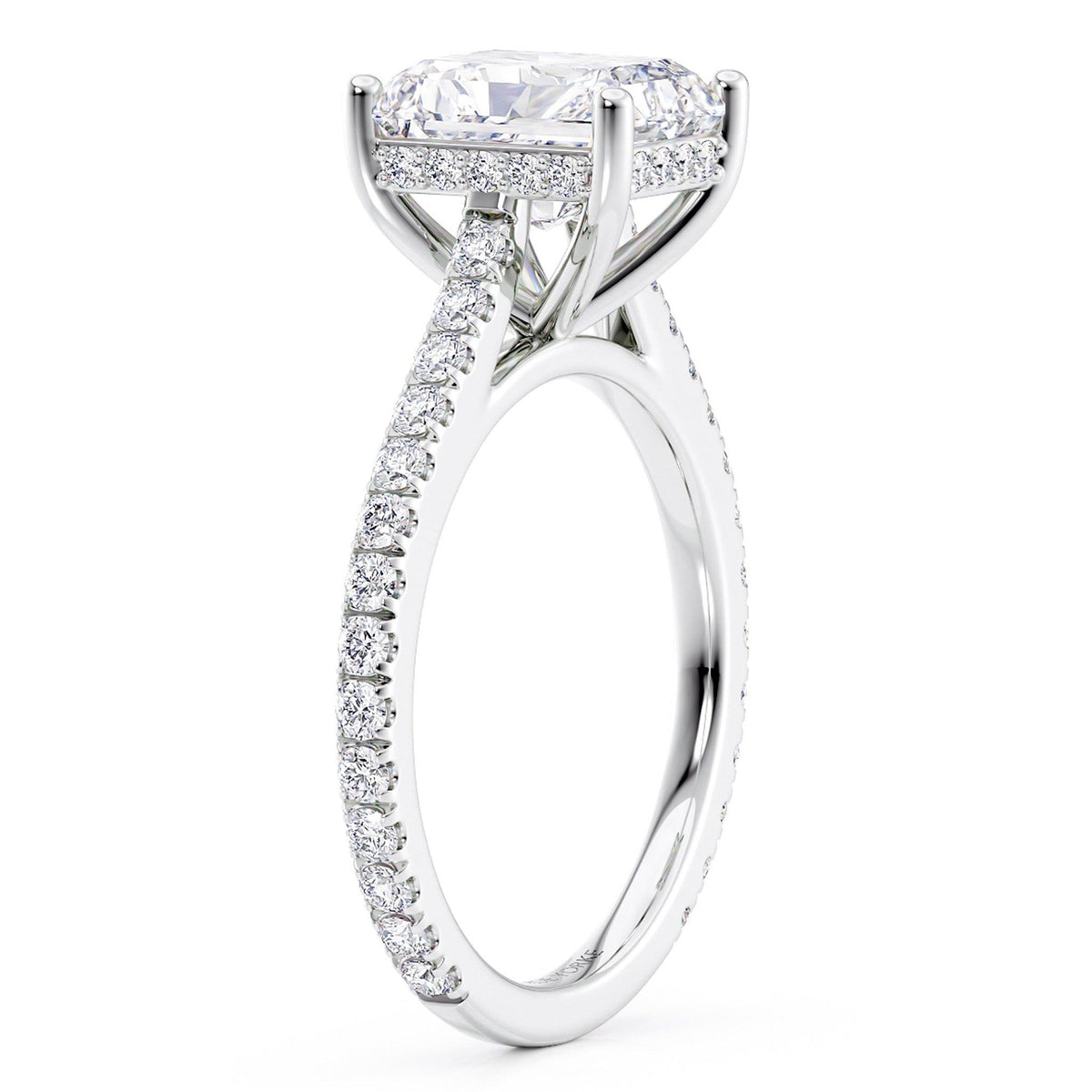 Side view of Seville radiant cut diamond engagement ring showing the hidden halo of diamonds — view 5
