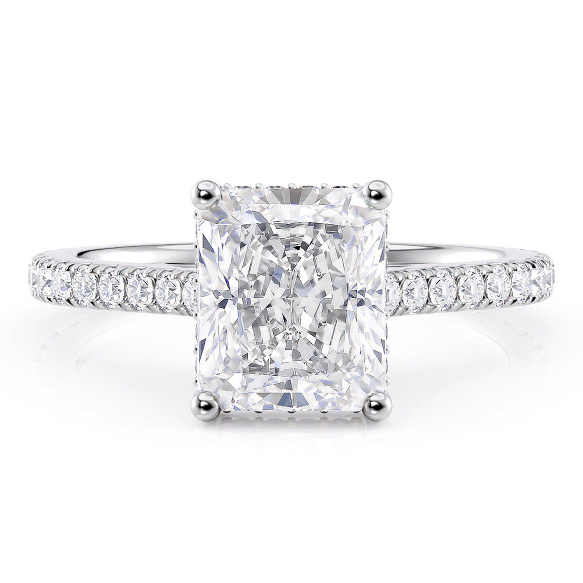 Radiant cut diamond engagement ring with a hidden halo of diamonds and diamonds on the sweep up band — view 1