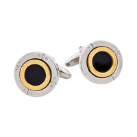 Rhodium & Gold Black Enamel Round Cufflinks thumbnail 3