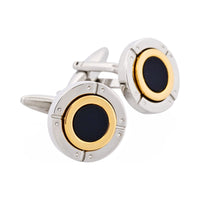 Rhodium & Gold Black Enamel Round Cufflinks thumbnail 1
