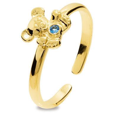 Girls first teddy bear ring with a blue gem stone in its tummy