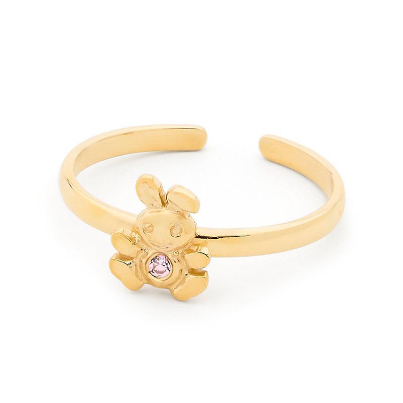 Girls gold ring with a rabbit. Rabbit has a pink stone on its tummy.  So cute