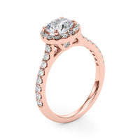 Lana in rose gold, angled view of the halo and diamond set band