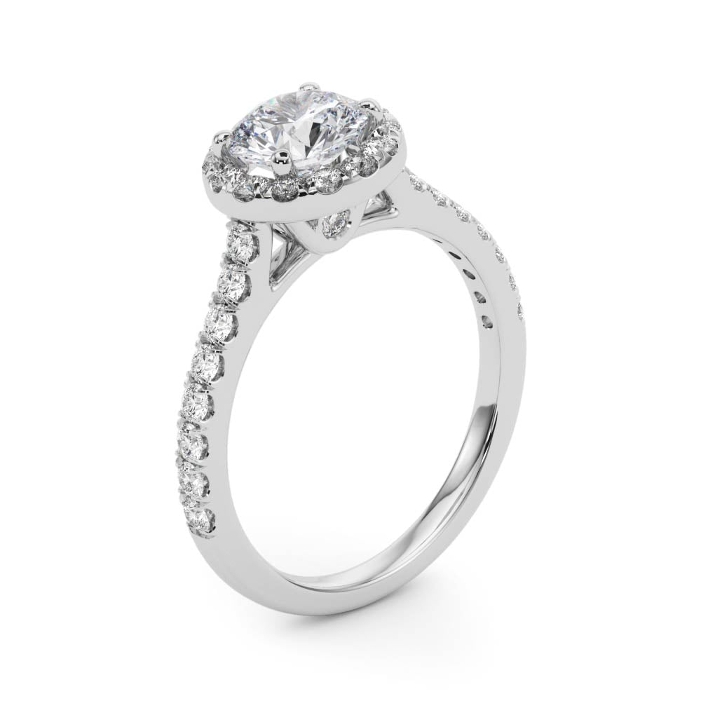 Lana in white gold, angled view of the halo and diamond set band