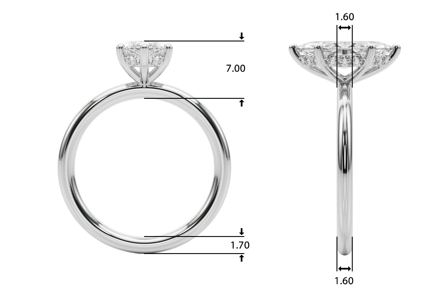 Measurements of Maeve marquise cut diamond ring. All measurements in millimetres 