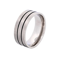 Brushed Steel Double Black Enamel Stripe Ring thumbnail 3