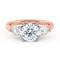 Adele round and pear diamond three stone ring in 18ct rose gold, top view