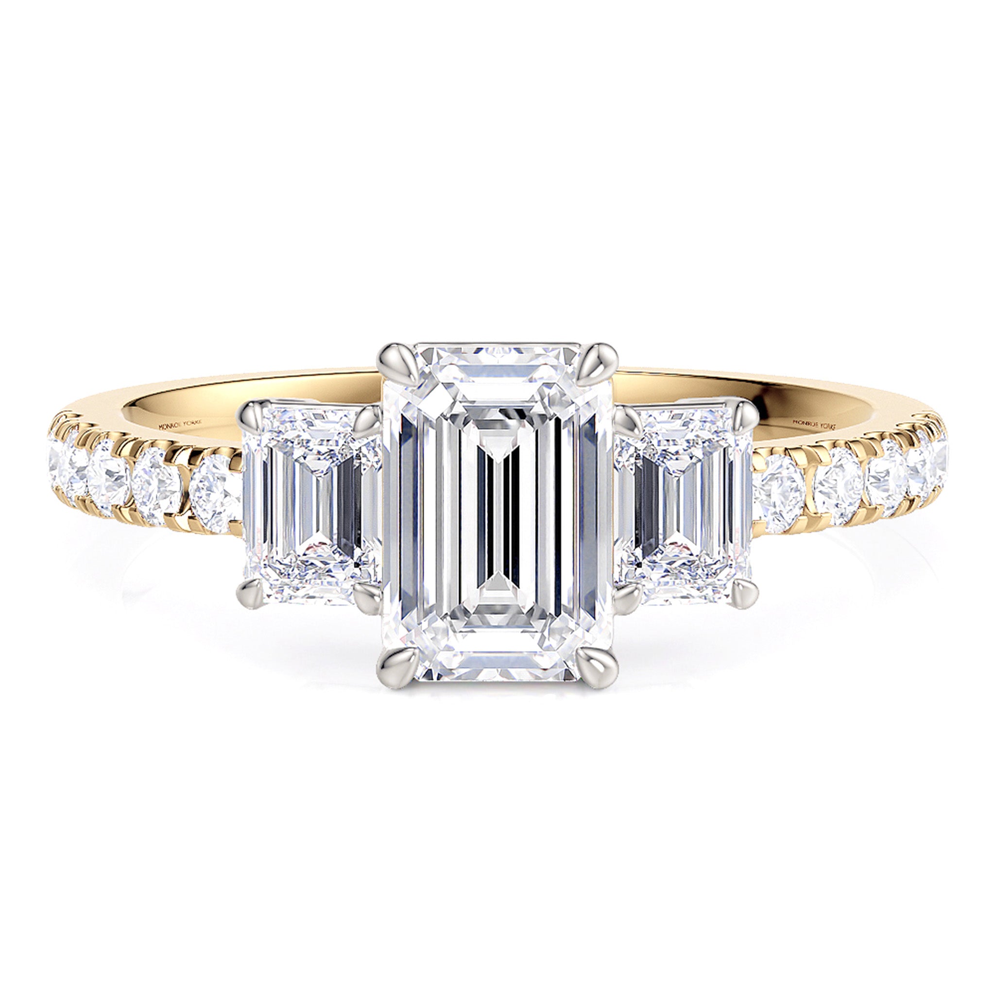 Aspen Yellow Gold - Emerald cut trilogy ring. Top view