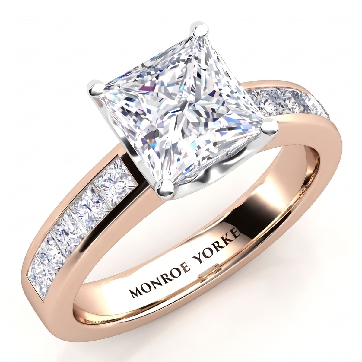 Albany - princess-cut diamond engagement ring in rose gold with channel set princess cut diamonds on the band.