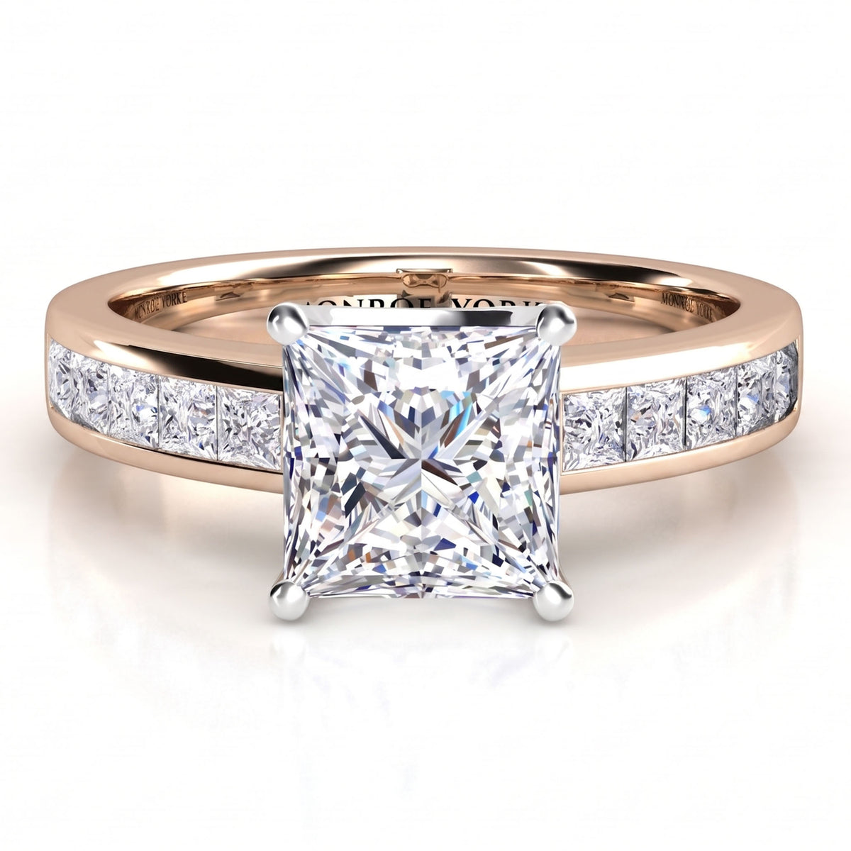 Albany princess-cut diamond engagement ring in rose gold with channel set diamonds along the band, shown on a clean white background.