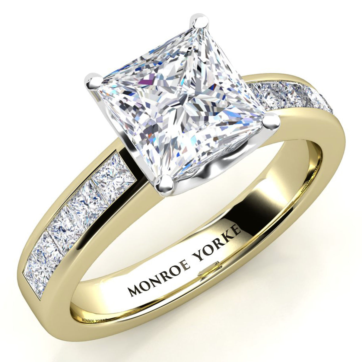 Albany gold princess cut diamond engagement ring. Yellow Gold band with channel set princess cut diamonds. Centre GIA certified princess cut diamond 