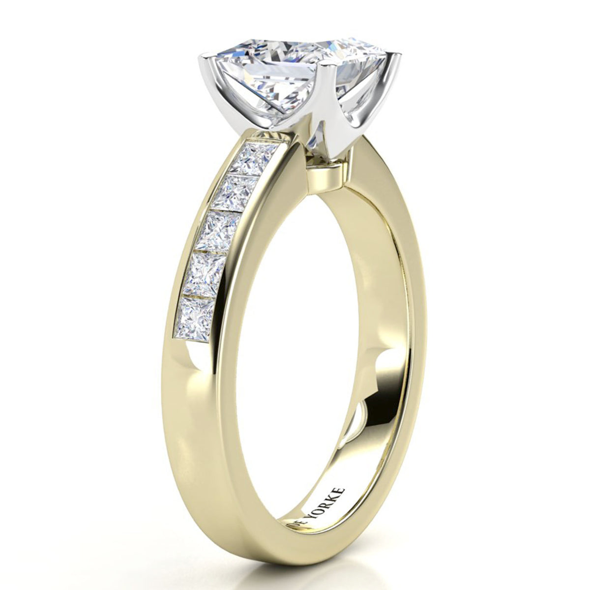 Side view of Albany princess cut diamond ring in gold. Side view showing the beautiful setting. Yellow Gold