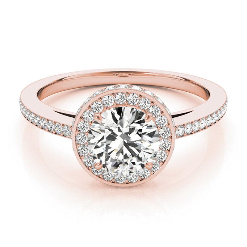 Amelia double halo engagement ring in rose gold, front view showing the round centre diamond above two levels of halo