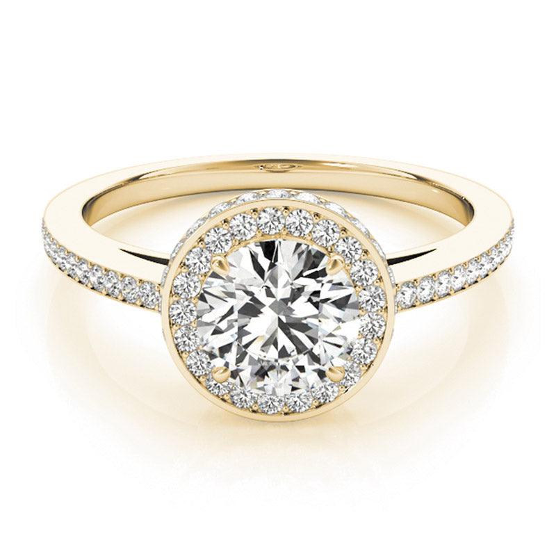 Amelia double halo engagement ring in yellow gold, front view showing the round centre diamond above two levels of halo