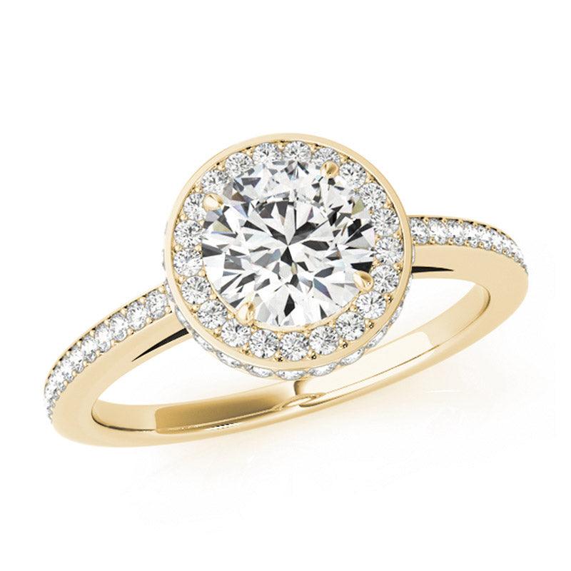 Amelia yellow gold double halo ring, angled view with diamond accents running down the band