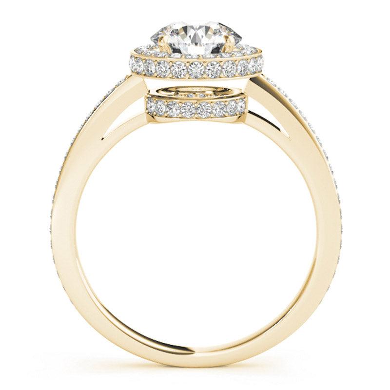 Amelia yellow gold double halo ring, second side view showing the micro claw set shoulders