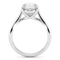 Angel oval diamond solitaire ring setting in white gold, front elevation of the band