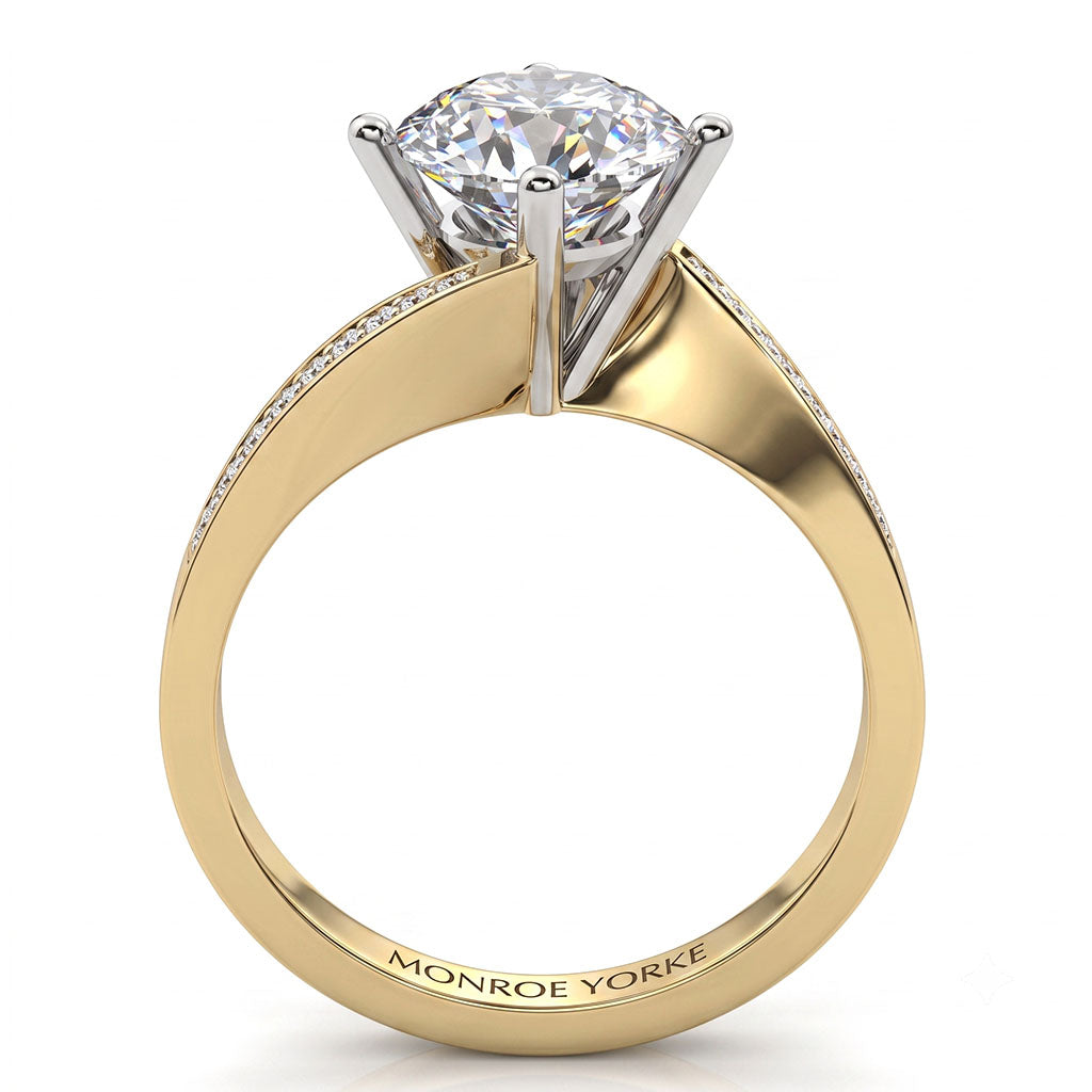 Arbella in yellow gold, side view showing the pave diamonds along the band