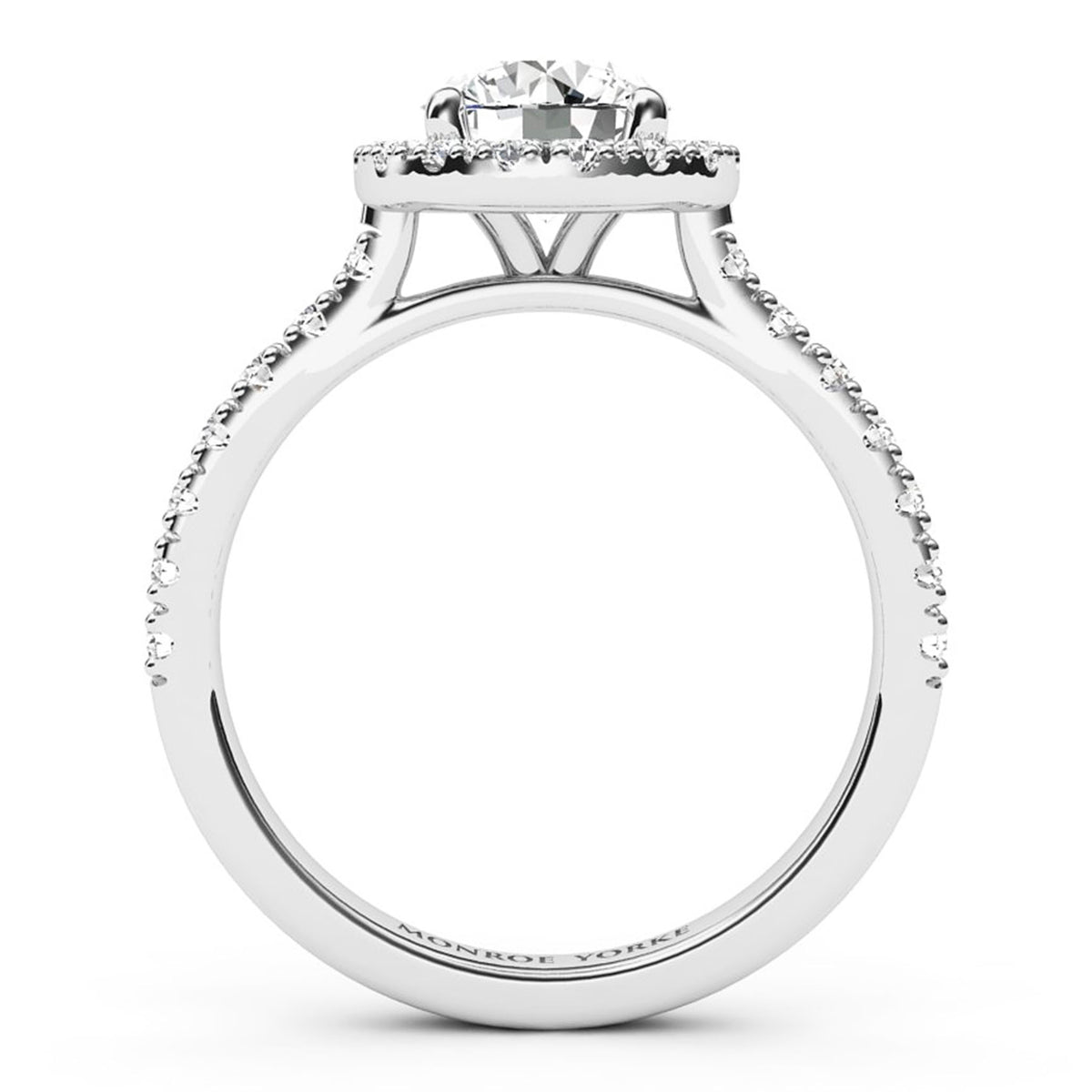 White gold or platinum diamond engagement ring with a round-cut centre stone and a halo of smaller diamonds, shown from the side on a white background.