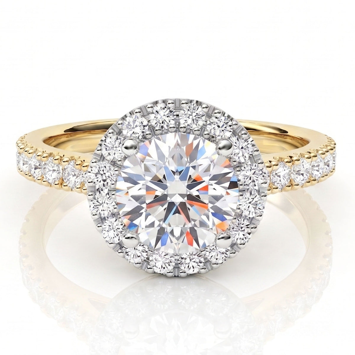 Ariana yellow gold halo engagement ring with a round brilliant centre diamond, a halo of smaller round diamonds and a pave set band