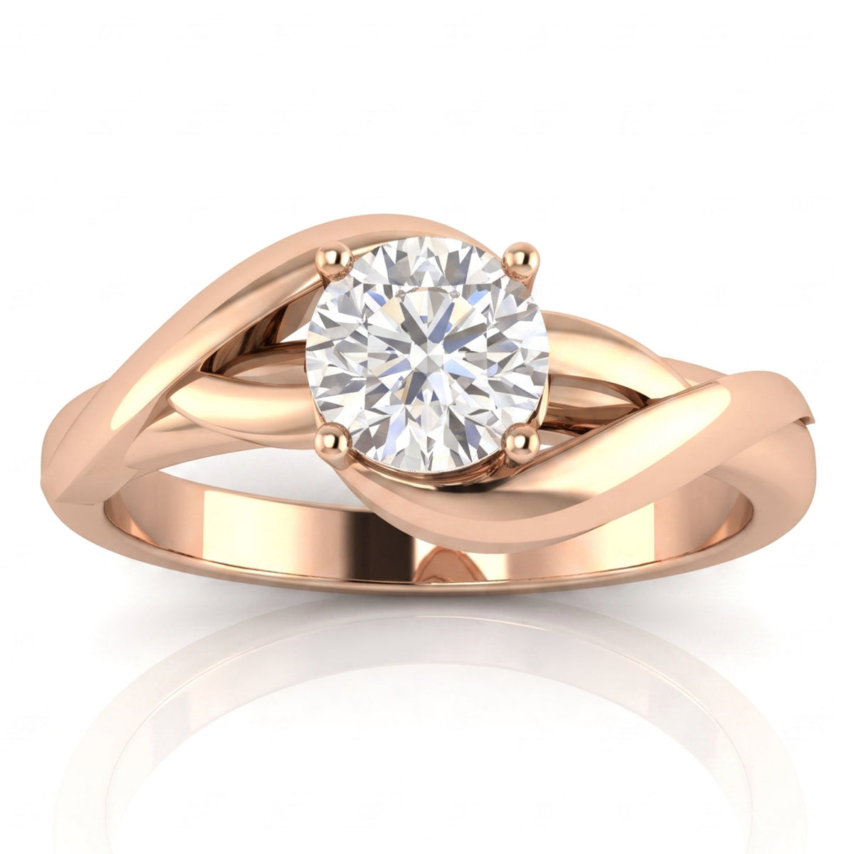 Arlana rose gold Celtic knot engagement ring, front view showing the two strands of the band crossing beneath the round brilliant diamond.