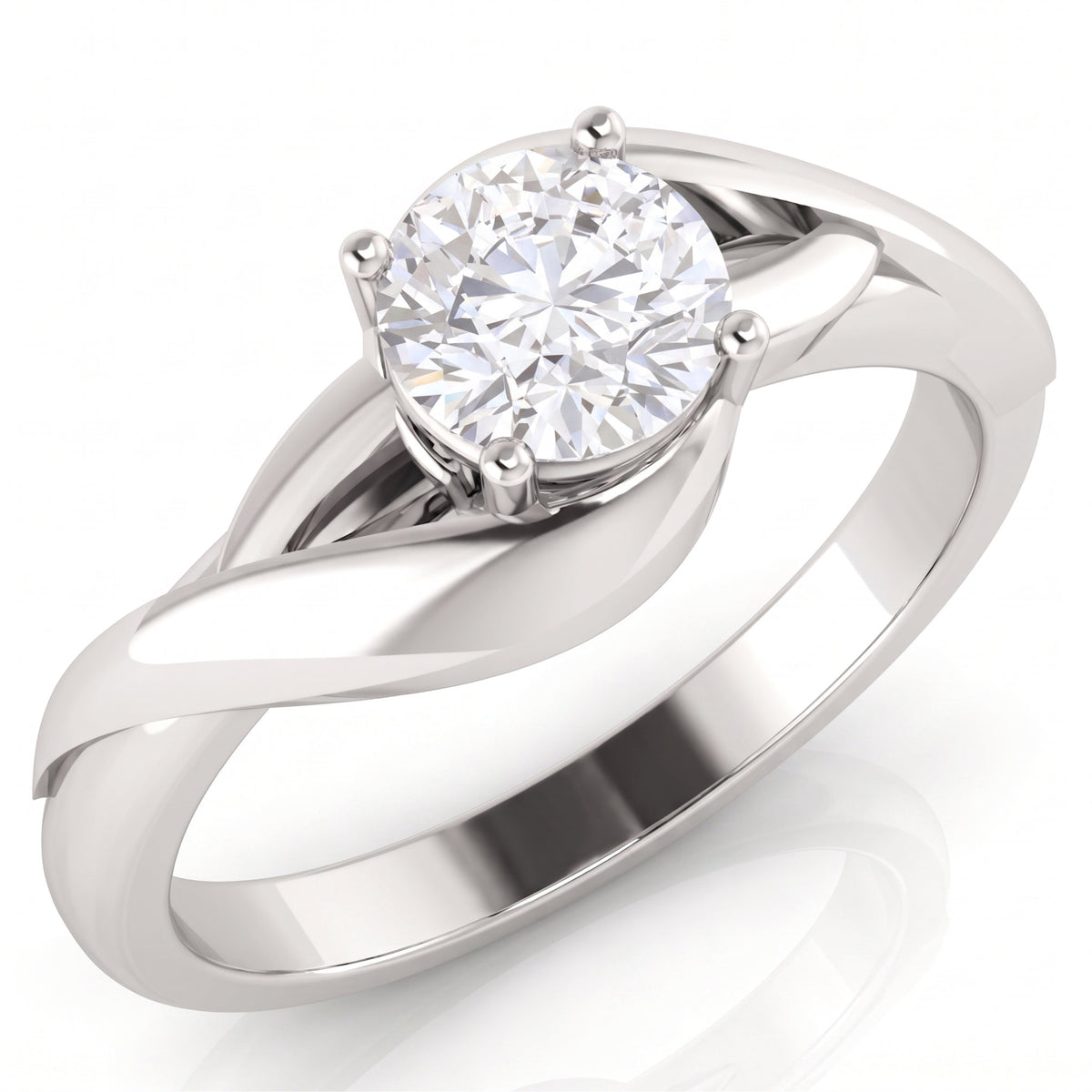 Arlana Celtic knot engagement ring in white gold or platinum, angled view of the round brilliant centre diamond in a four claw setting above the interlaced band.