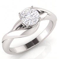 Arlana Celtic knot engagement ring in white gold or platinum, angled view of the round brilliant centre diamond in a four claw setting above the interlaced band.