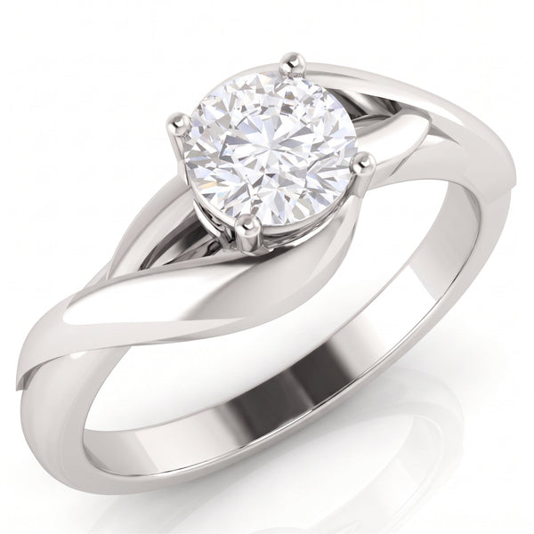 Arlana Celtic knot engagement ring in white gold or platinum, angled view of the round brilliant centre diamond in a four claw setting above the interlaced band.