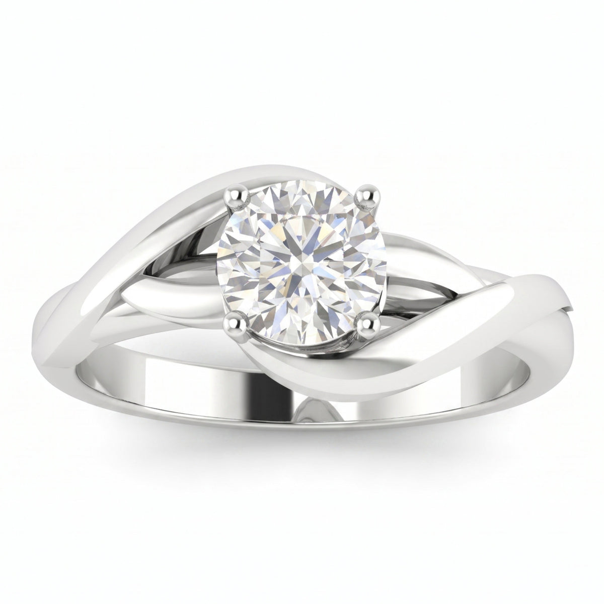 Arlana Celtic knot engagement ring in white gold or platinum, front view showing the two strands of the band crossing beneath the round brilliant diamond.