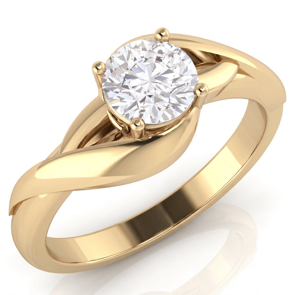 Arlana yellow gold Celtic knot engagement ring, angled view of the round brilliant centre diamond in a four claw setting above the interlaced band.