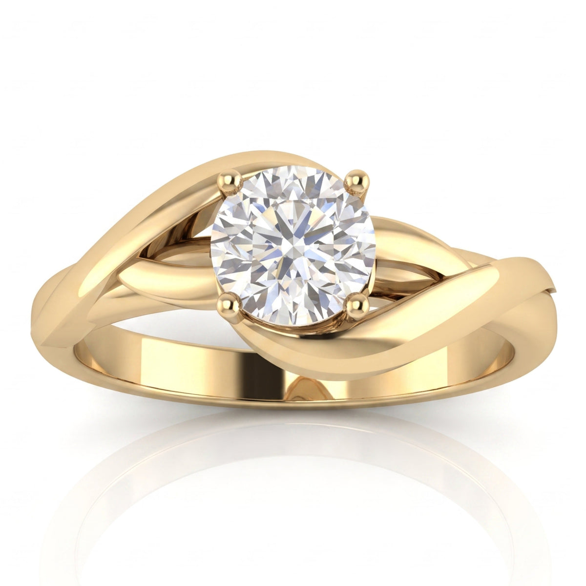 Arlana yellow gold Celtic knot engagement ring, front view showing the two strands of the band crossing beneath the round brilliant diamond.