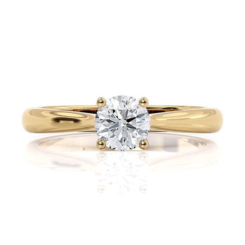 Asti yellow gold diamond solitaire engagement ring, four claw setting with two bezel-set diamonds in the bridge