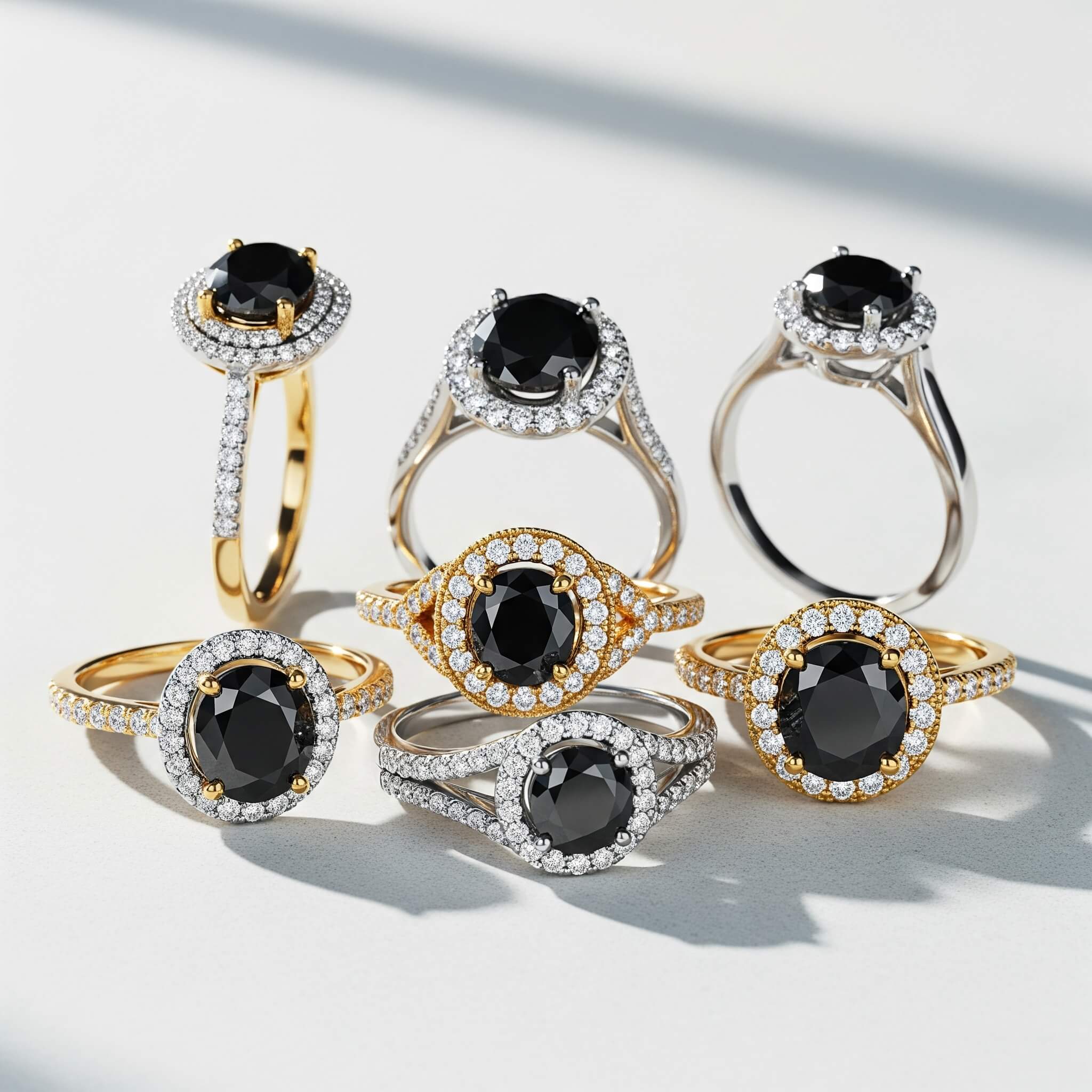 Black diamond ring designs with halos, hidden halos , solitaires and vintage designs