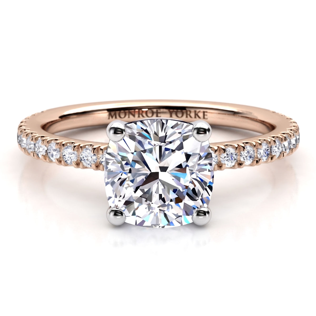 Blake - A rose gold diamond engagement ring with a large cushion-cut center stone and pavé-set diamonds on the band