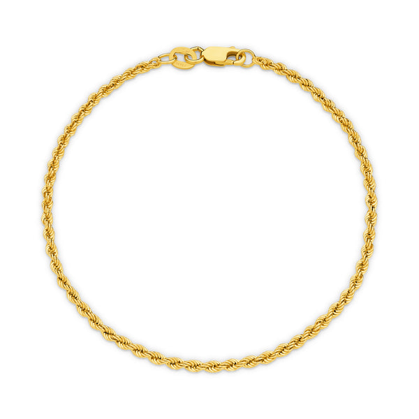 Hollow Diamond Cut Rope 2.18mm Bracelet 18ct Yellow Gold