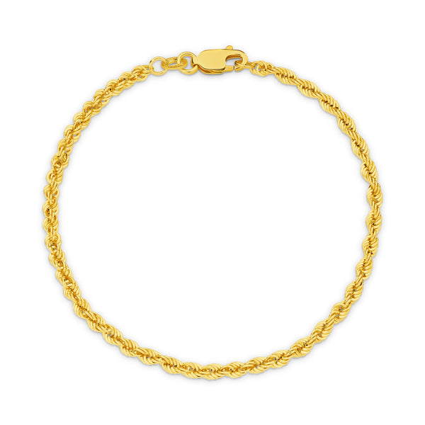 Hollow Diamond Cut Rope 2.72mm Bracelet 18ct Yellow Gold