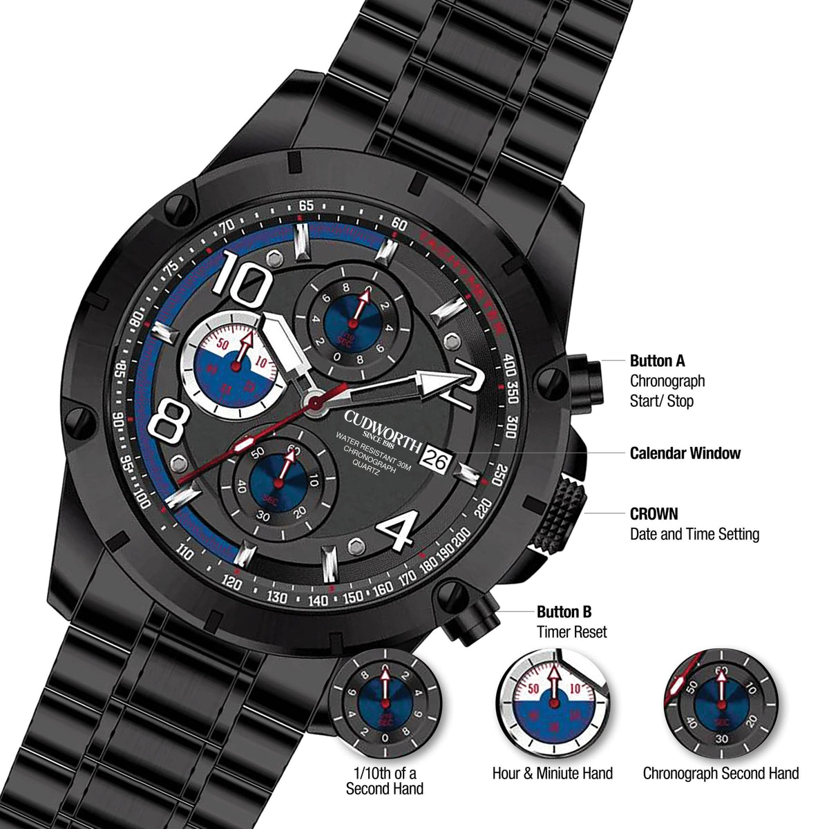 Velocity Chronograph Black Steel — side, view 3