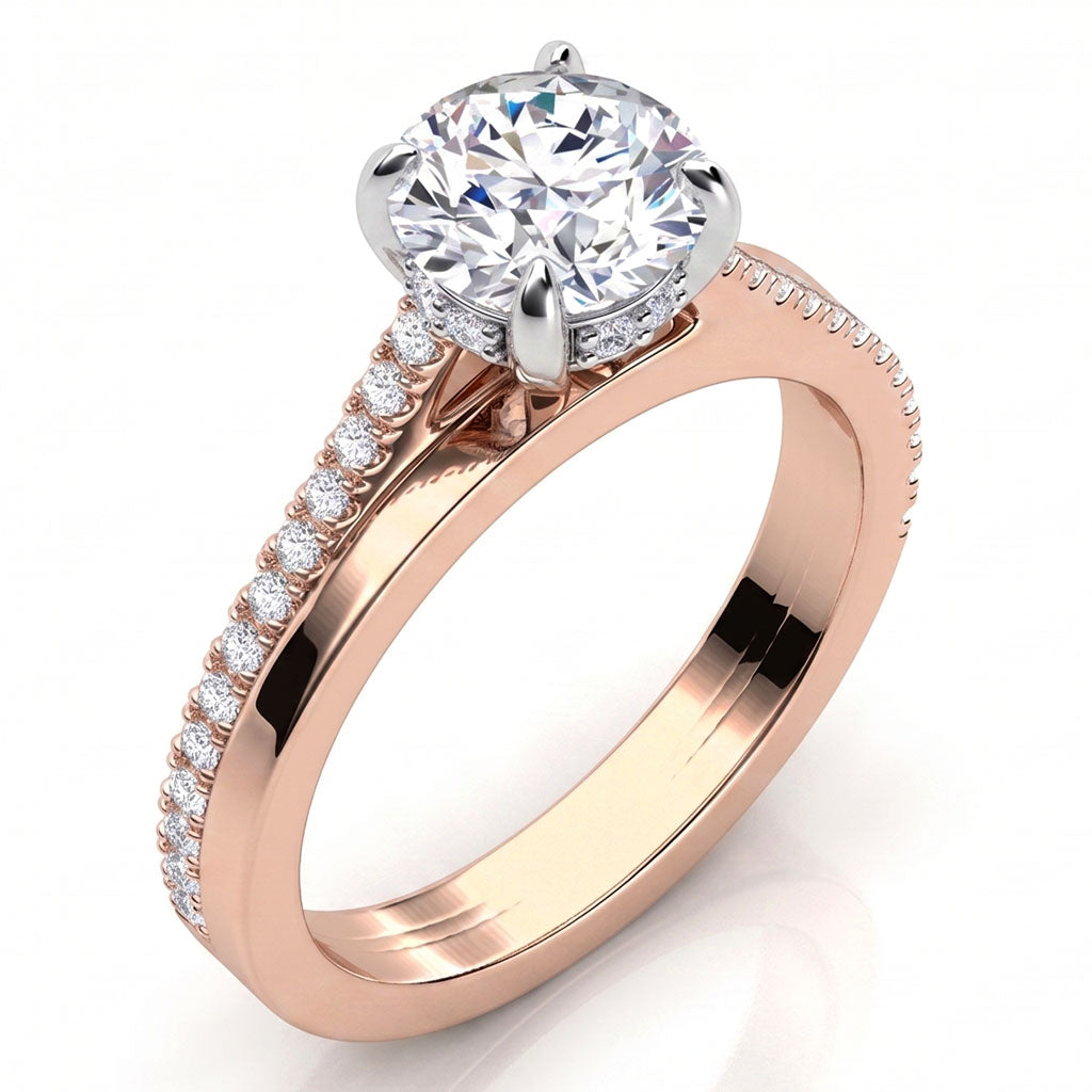 Calida in 18ct rose gold, angled view showing the double band and side halo
