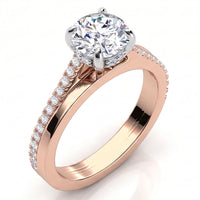 Calida in 18ct rose gold, angled view showing the double band and side halo