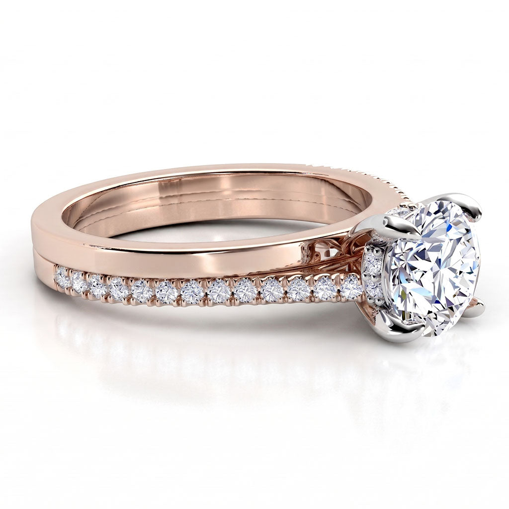 Calida in rose gold, side view showing the claw set accent diamonds