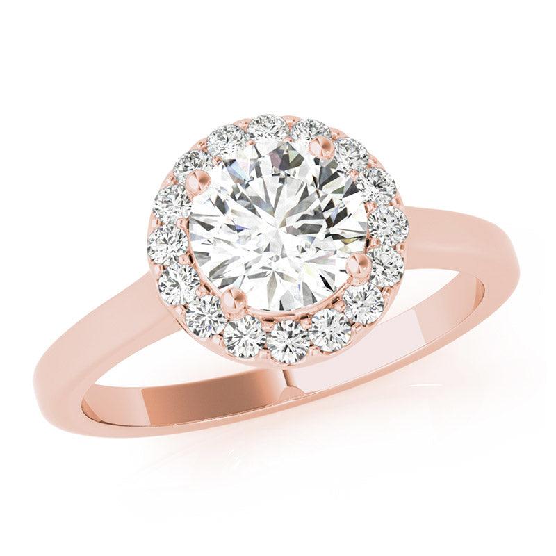 Callie in 18ct rose gold, angled view showing the raised halo