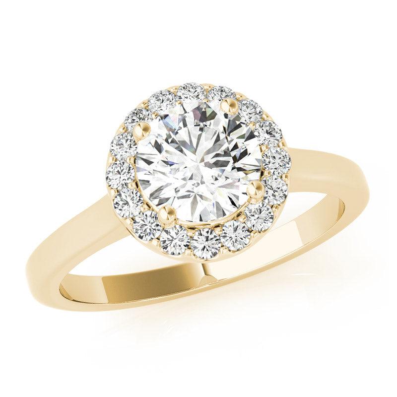 Callie in 18ct yellow gold, angled view showing the raised halo