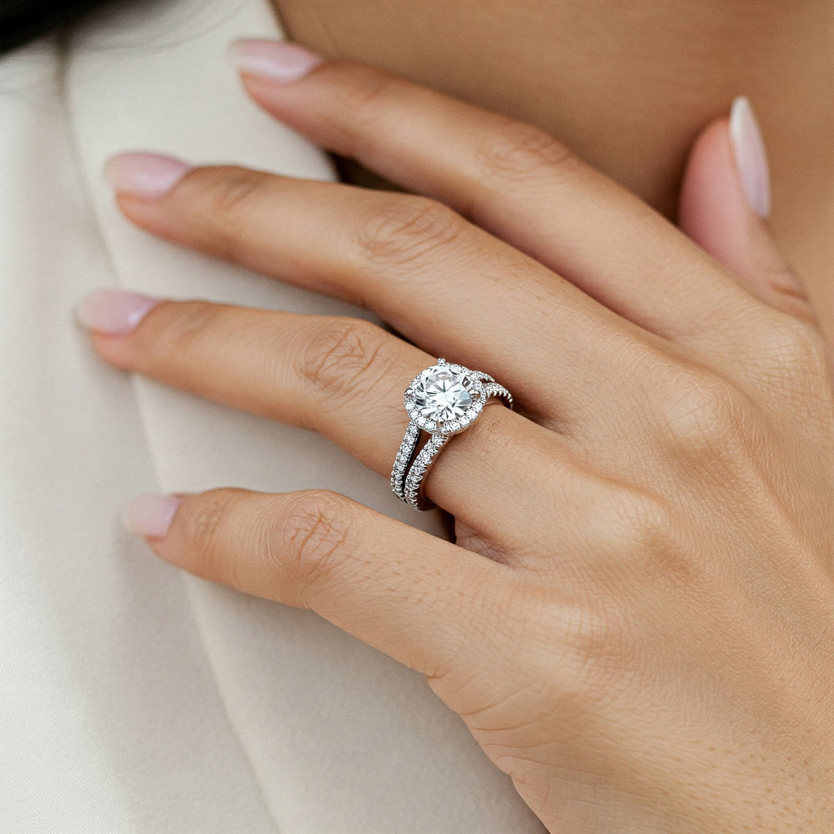 Ceduna - halo diamond ring with a split band set with diamonds.  This ring is created with premium platinum.  — view 2