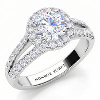Ceduna - Round centre diamond engagement ring with a halo  and a diamond set split band. white gold or platinum. 