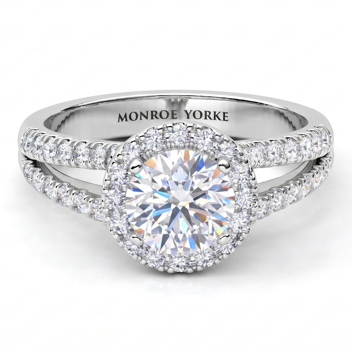 Ceduna - Round centre diamond engagement ring with a halo  and a diamond set split band. white gold or Platinum.  Top view