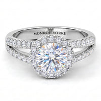 Ceduna - Round centre diamond engagement ring with a halo  and a diamond set split band. white gold or Platinum.  Top view