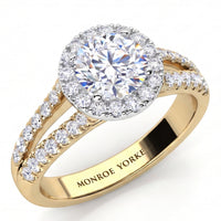 Ceduna yellow gold split band halo engagement ring with a round centre diamond, a diamond halo and a pave set split shank, engraved Monroe Yorke inside the band