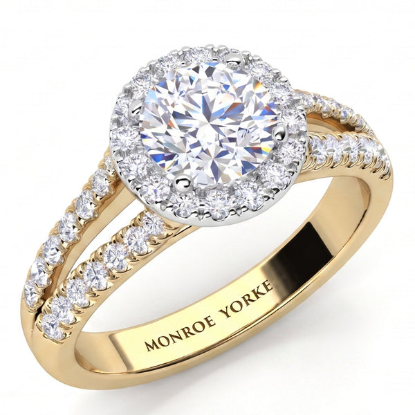 Ceduna yellow gold split band halo engagement ring with a round centre diamond, a diamond halo and a pave set split shank, engraved Monroe Yorke inside the band