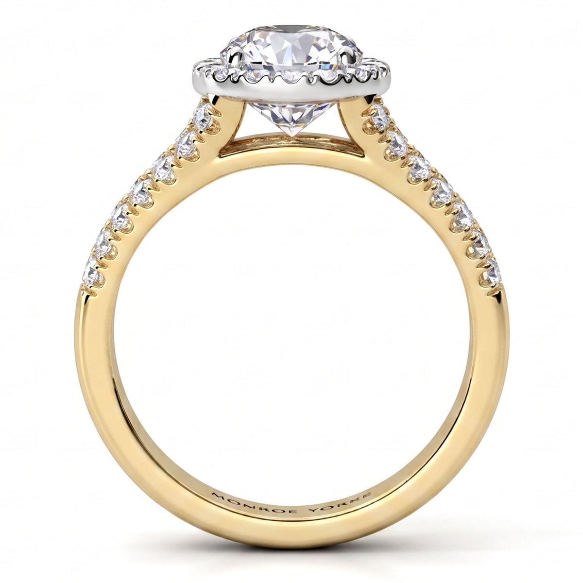 A yellow gold ring with a round-cut diamond centre stone and small pavé diamonds along the shoulders, set against a plain white background.