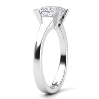 Chester princess cut solitaire ring side view showing tapered  band. white gold or platinum